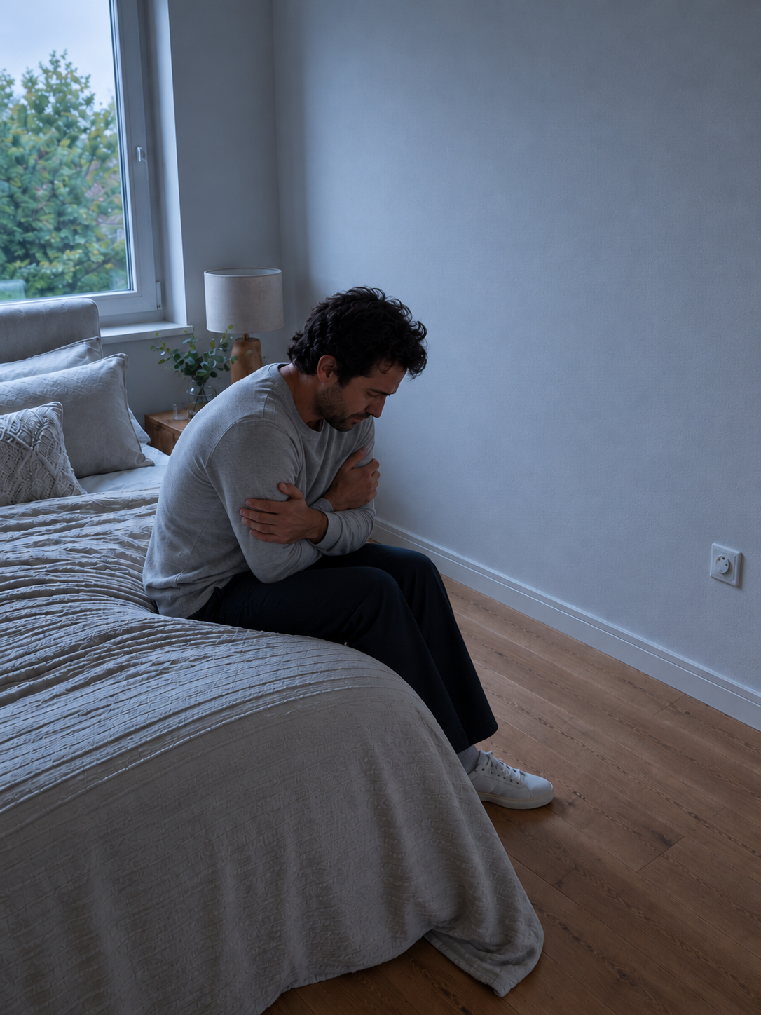 Kaltes Schlafzimmer ohne Heizung – Mann friert auf der Bettkante